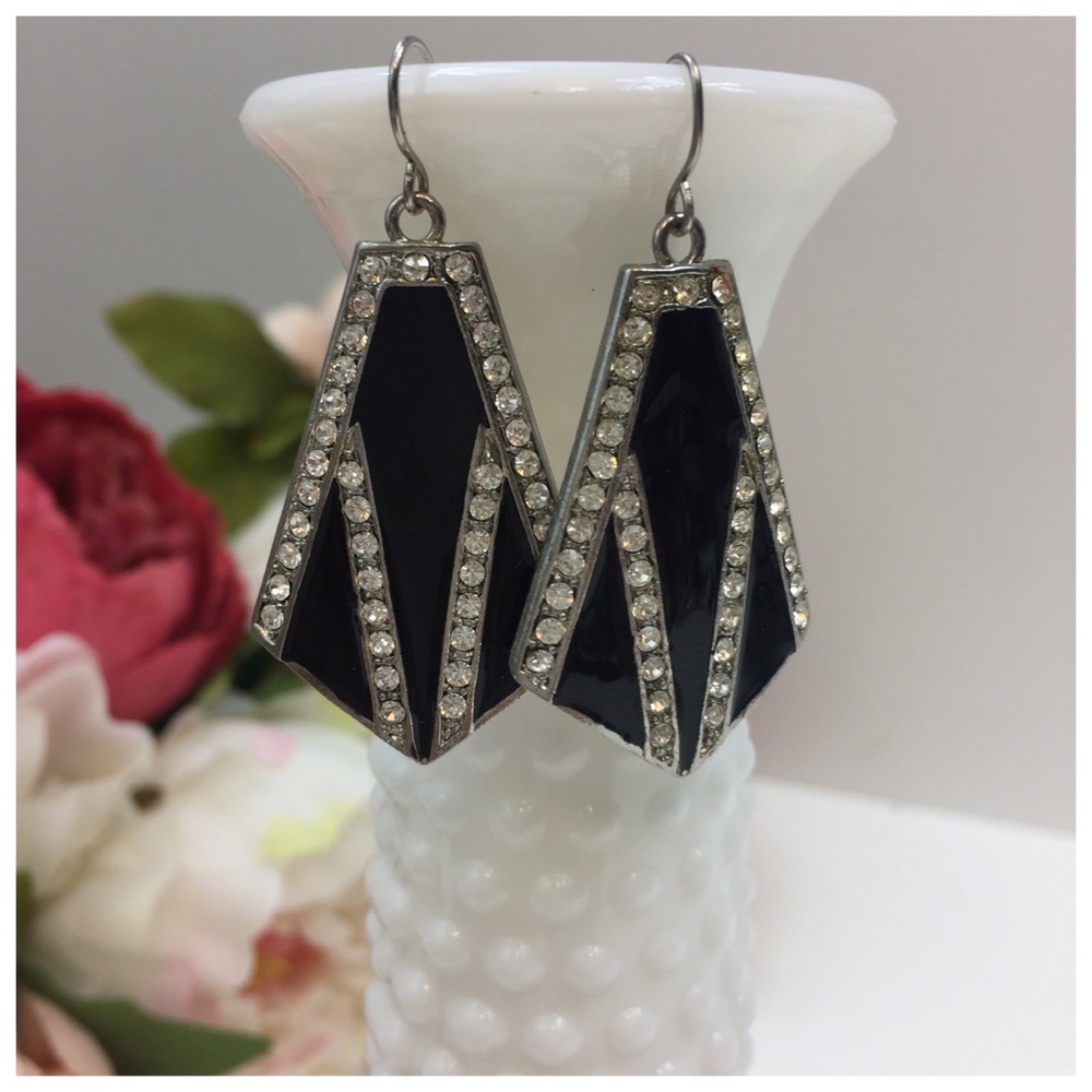 Vintage Onyx, Silver, CZ Dangle Earrings - Picture 4 of 4